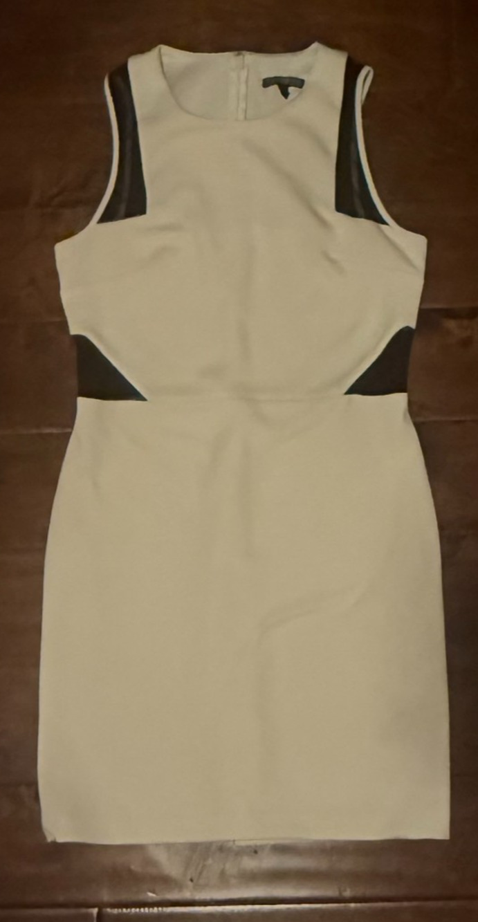 Express Women’s Size 10 Bodycon Dress White with Black Mesh Panels — Sleeveless